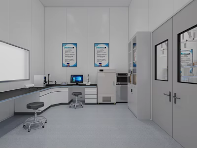 Modern Laboratory Interior With White Walls Lab Benches Stools Computers And Cabinets 3d model