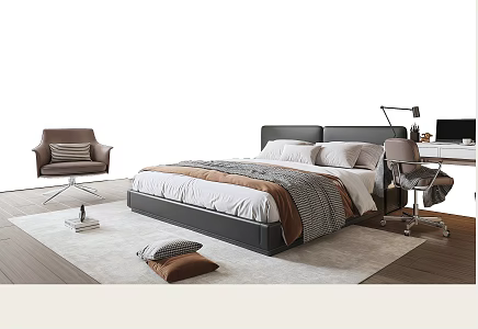 Modern Italian Double Bed Lazy Leather Sofa Computer Desk 3d model
