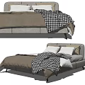 Modern Double Bed With Gray Headboard Brown Comforter And Checkered Blanket 3d model
