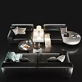 Black Leather Sofa Coffee Table Set With Pillows Table Lamp And Throw Blanket 3d model