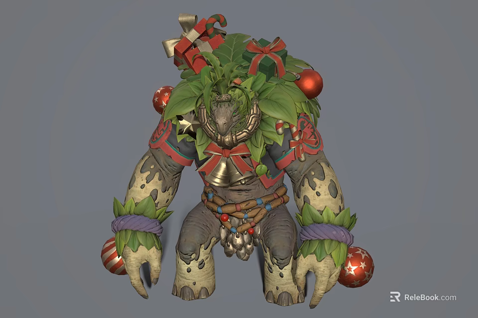 Mythical Festive Game Movie Character With Green Leaves Red Ornaments Decorative Ribbons And Rocky Texture 3d model 