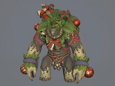 Mythical Festive Game Movie Character With Green Leaves Red Ornaments Decorative Ribbons And Rocky Texture 3d model
