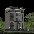 Elegant Detached Villa With Stone Exterior Balconies Black Roof And Trees Surroundings Design