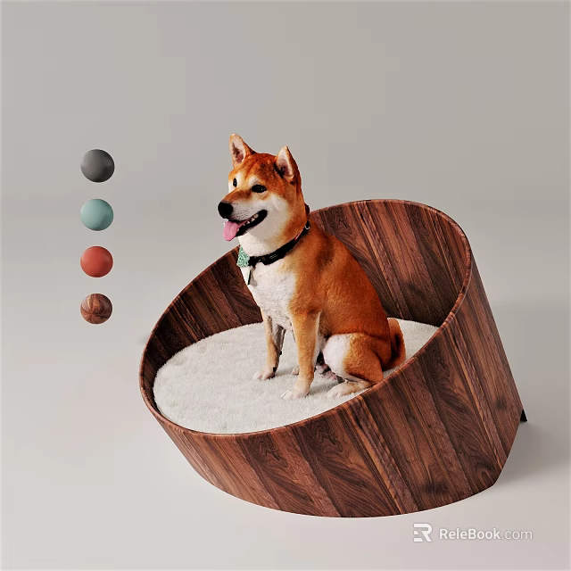 Shiba Inu Dog Sitting In Round Wooden Pet Bed With Colorful Balls Nearby 3d model 