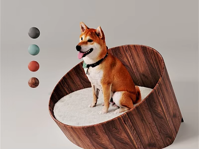 Shiba Inu Dog Sitting In Round Wooden Pet Bed With Colorful Balls Nearby 3d model