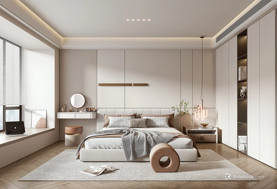 Modern Bedroom Interior Design With Light Striped Walls Built-in Wardrobe And Upholstered Headboard 3d model 