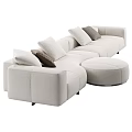 Beige Fabric Sectional Sofa With Beige Brown Cushions And Round Ottoman