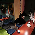 Young Blood Cafe Interior With Art Paintings Pendant Lights Blue Chairs And Green Floor Decor