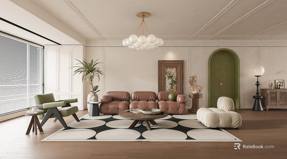 Modern Living Room Interior With Brown Leather Sofa Green Armchair And Black White Rug 3d model 