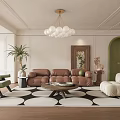 Modern Living Room Interior With Brown Leather Sofa Green Armchair And Black White Rug