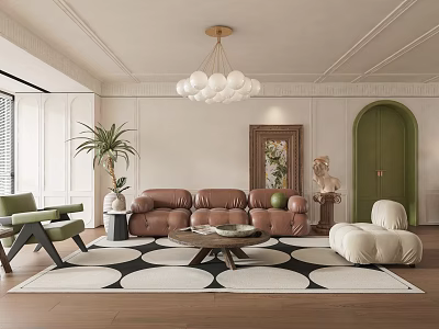 Modern Living Room Interior With Brown Leather Sofa Green Armchair And Black White Rug 3d model