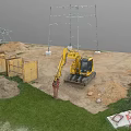 Scenic Grassy Field Featuring Steel Lattice Towers And Yellow Excavator