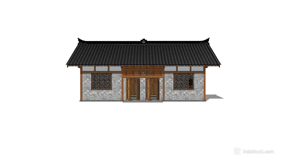 Traditional Chinese Building With Black Tiled Roof Gray Brick Walls Two Wooden Doors And Windows 3d model 