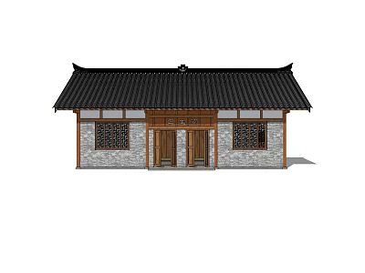 Traditional Chinese Building With Black Tiled Roof Gray Brick Walls Two Wooden Doors And Windows 3d model