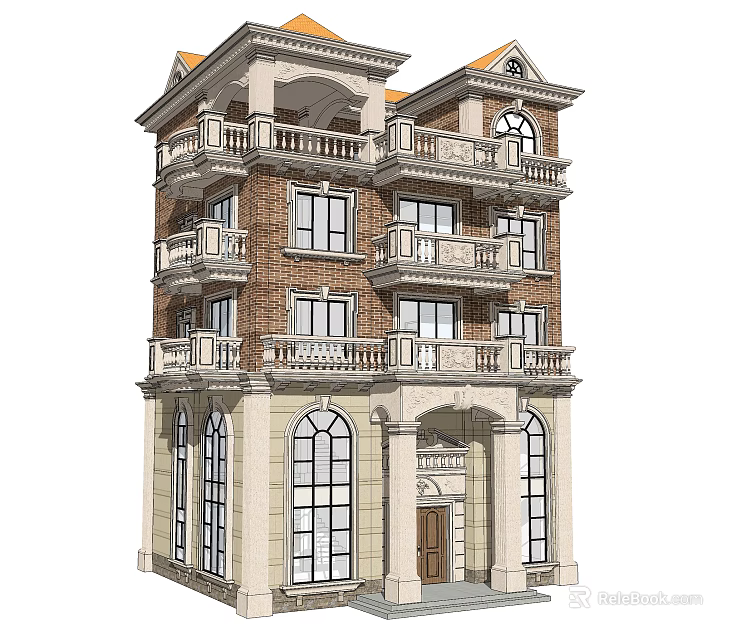 Elegant Detached Villa With Red Brick Exterior Multiple Balconies White Railings And Arched Windows 3d model 