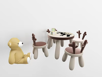 Round Children's Table With Cartoon Animal Print And Deer Antler Design Chairs Plus Teddy Bear 3d model