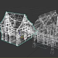 Medieval Style Wooden House Architecture Models With Sloped Roofs And Lit Windows