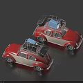 Two Red And White Toy Cars With Roof Racks And Luggage On Dark Surface