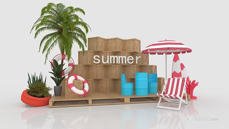 Summer Scene With Palm Tree Lifebuoy Striped Umbrella And Beach Accessories 3d model 