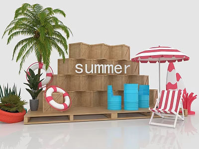 Summer Scene With Palm Tree Lifebuoy Striped Umbrella And Beach Accessories 3d model