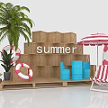 Summer Scene With Palm Tree Lifebuoy Striped Umbrella And Beach Accessories