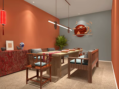 Traditional Chinese Interior Design With Red Lanterns Orange Walls Gray Sofa And Wooden Dining Table 3d model