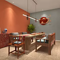 Traditional Chinese Interior Design With Red Lanterns Orange Walls Gray Sofa And Wooden Dining Table