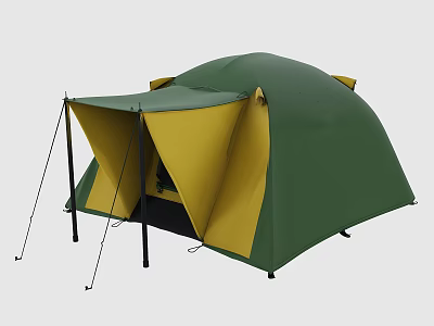Green and Yellow Camping Tent with Extended Front Awning and Support Poles 3d model