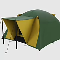 Green and Yellow Camping Tent with Extended Front Awning and Support Poles
