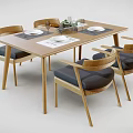 Modern Wooden Dining Table Set With Upholstered Chairs And Decorative Plates 3d model