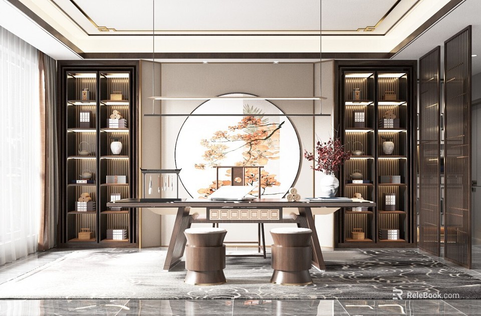 Elegant Traditional Chinese Study Room With Symmetric Bookshelves Round Decorative Painting And Writing Desk 3d model 