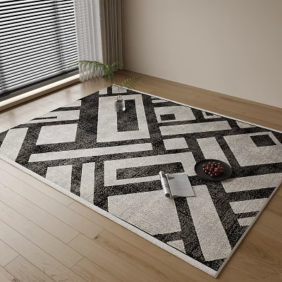 Black White Geometric Square Rug In Living Room With Wooden Floor 3d model Black White Geometric Square Rug In Living Room With Wooden Floor 3d model