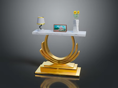 Luxury Console Table With Marble Top Gold Base Lamp Photo Frame And Sunflower Decor 3d model