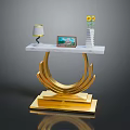Luxury Console Table With Marble Top Gold Base Lamp Photo Frame And Sunflower Decor