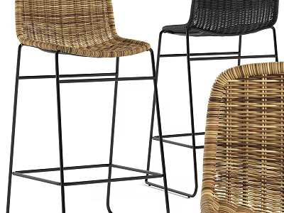 Modern Wicker Bar Stools with Black Metal Frame in Brown and Black Design 3d model