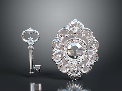 Decorative Silver Metal Hardware Key And Ornate Escutcheon For Home Decor 3d model