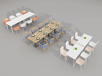Modern Dining Table Set with Colorful Chairs Wooden Top and Tableware 3d model