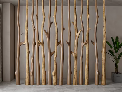 Natural Branch Shaped Wooden Room Divider For Modern Interior Space With Potted Plant 3d model
