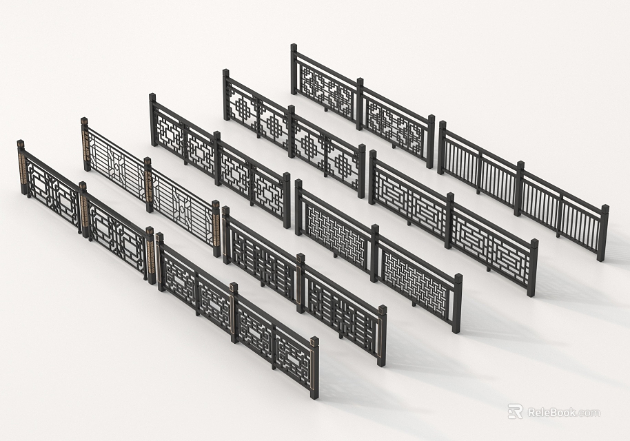 Black Metal Railings with Intricate Ornamental Patterns and Various Decorative Designs 3d model 