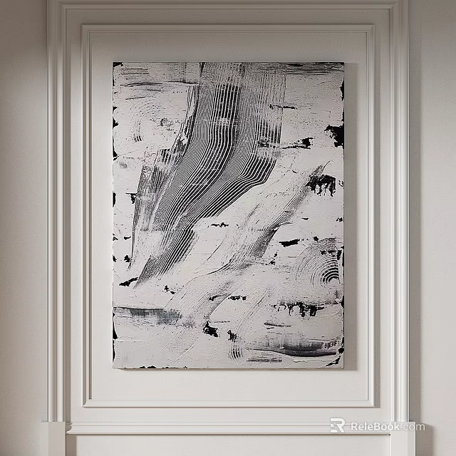 Modern Abstract Painting with Black White Textured Brushstrokes on White Wall Interior Decor 3d model 
