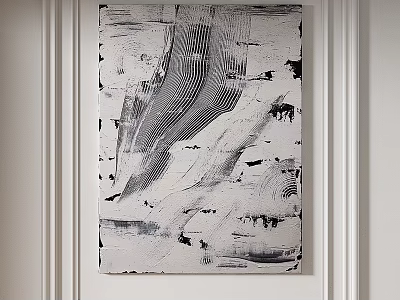 Modern Abstract Painting with Black White Textured Brushstrokes on White Wall Interior Decor 3d model
