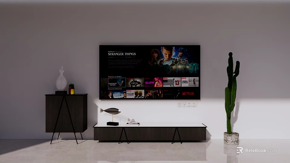 Modern TV Stand With Flat Screen TV Black Side Cabinet And Green Cactus Decor 3d model 