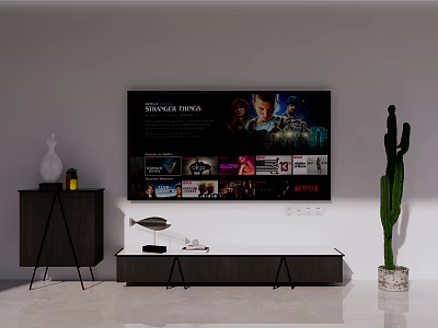 Modern TV Stand With Flat Screen TV Black Side Cabinet And Green Cactus Decor 3d model