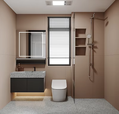 Modern Bathroom Interior Design With Beige Walls Blinds Window Mirror Vanity Toilet And Shower Area 3d model