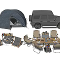 Outdoor Camping Table And Chair Set With Tent And SUV For Outdoor Activities