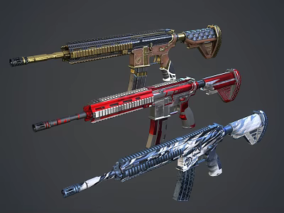 Multiple Custom Designed Rifles With Colorful Decorative Patterns And Gold Red Blue Finishes 3d model