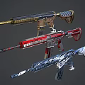 Multiple Custom Designed Rifles With Colorful Decorative Patterns And Gold Red Blue Finishes