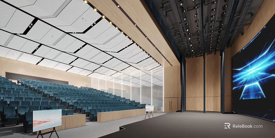 Modern Conference Room With Large Tiered Seating Wooden Walls Glass Partitions And Ceiling Light Strips 3d model 