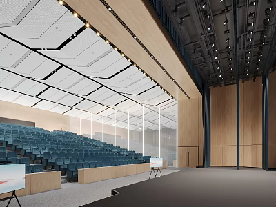 Modern Conference Room With Large Tiered Seating Wooden Walls Glass Partitions And Ceiling Light Strips 3d model