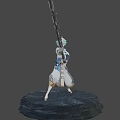 Man with light blue hair and blue eyes wearing white coat holding large detailed sword